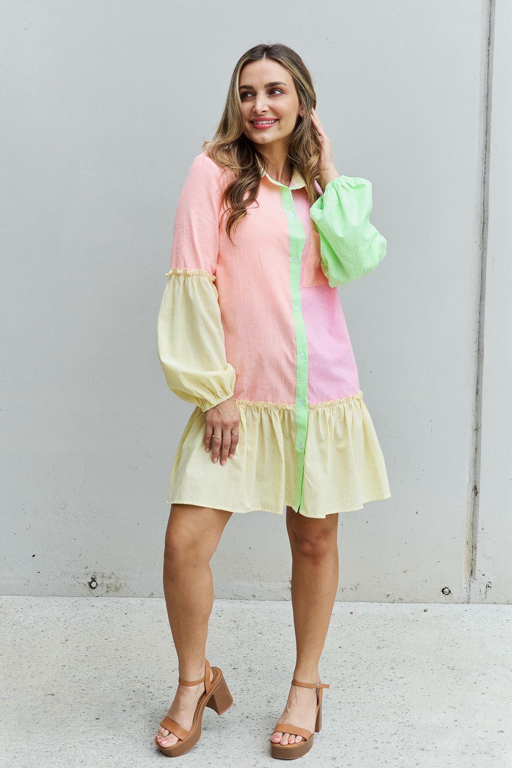 Davi &amp; Dani Flying Colors Colorblock Long Sleeve Shirt Dress - Online Only