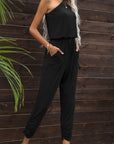 Drawstring Waist One-Shoulder Jumpsuit with Pockets - Online Only