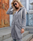 Double Take Full Size Zip-Up Longline Hoodie with Pockets