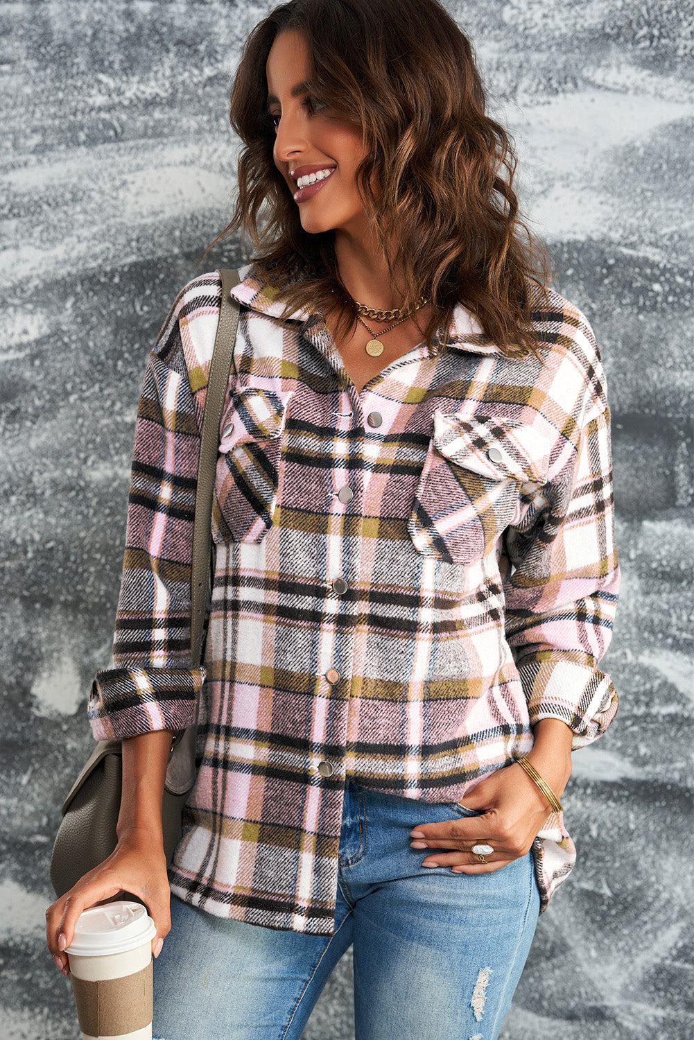 Plaid Button Front Shirt Jacket with Breast Pockets - Online Only *