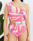 Marina West Swim Vitamin C Asymmetric Cutout Ruffle Swimsuit in Pink - Online Only