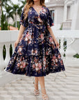 Plus Size Floral Surplice Neck Midi Dress- Online Only