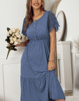Decorative Button Round Neck Lace Sleeve Dress - Online Only