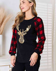Heimish Full Size Sequin Reindeer Graphic Plaid Top