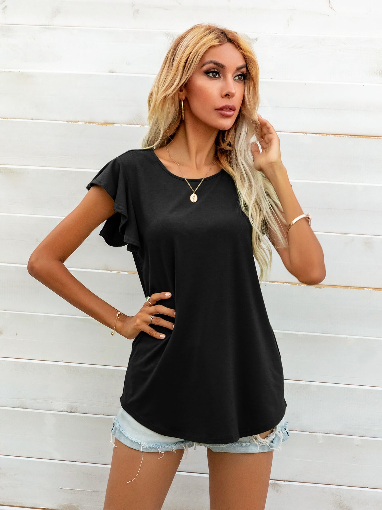 Round Neck Butterfly Sleeve Top - Online Only