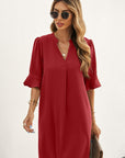 Puff Sleeve Notched Mini Shift Dress - Online Only