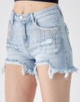 RISEN Frayed Hem Denim Shorts with Fringe Detail Pockets