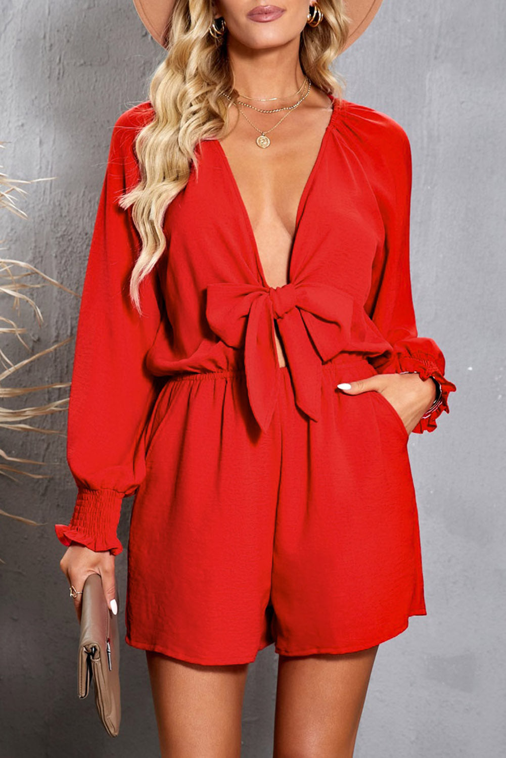 Tied Flounce Sleeve Plunge Romper - Online Only