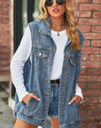 Collared Neck Sleeveless Denim Top with Pockets - Online Only