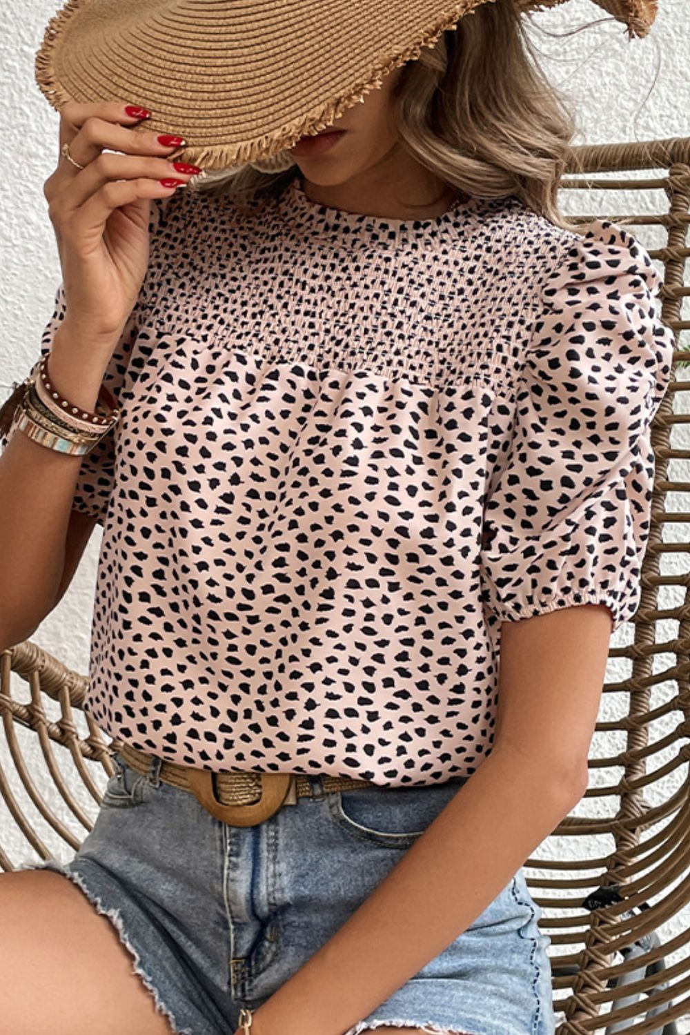 Printed Smocked Puff Sleeve Blouse - Online Only