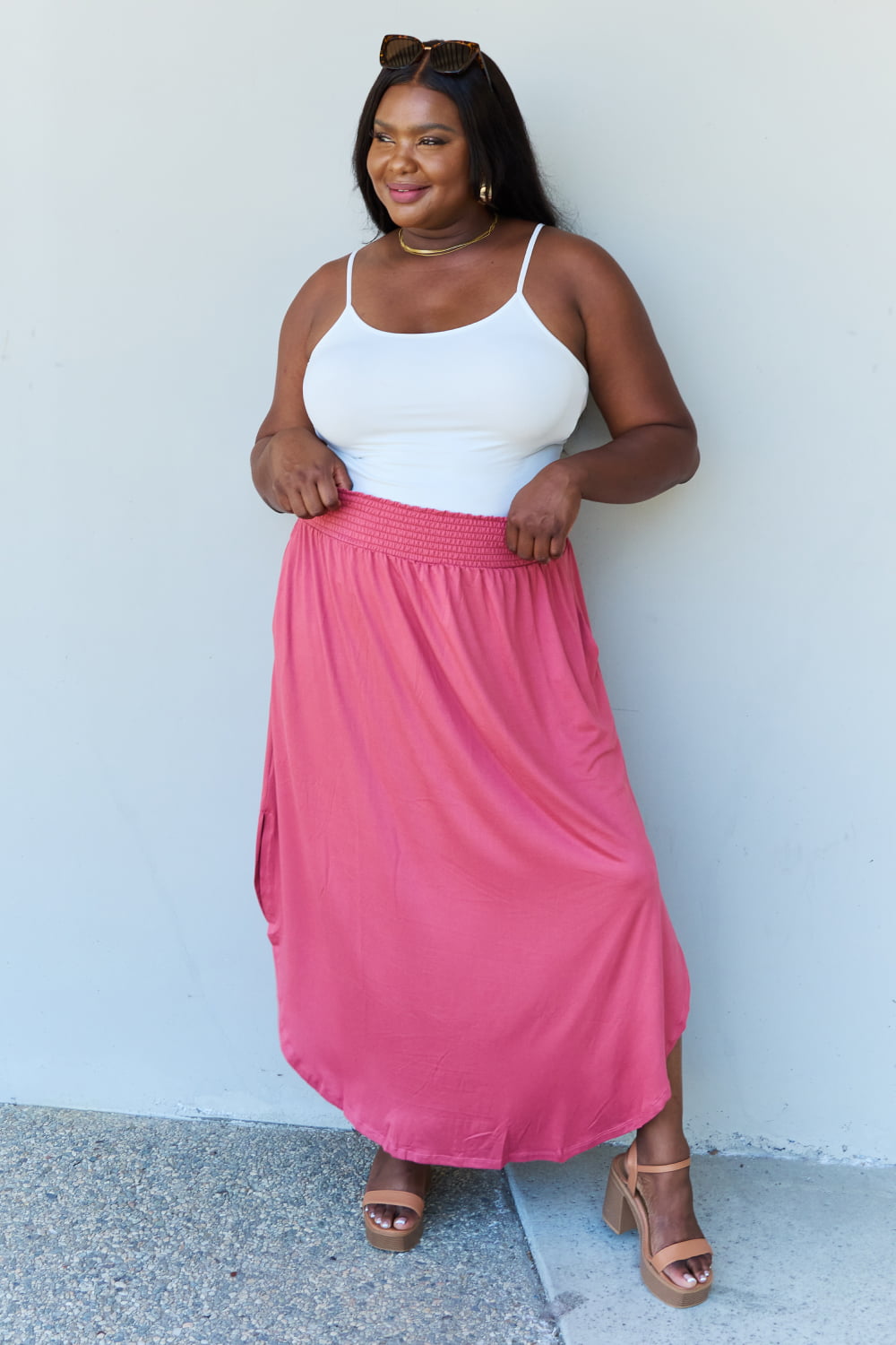 Doublju Comfort Princess High Waist Scoop Hem Maxi Skirt in Hot Pink - Online Only