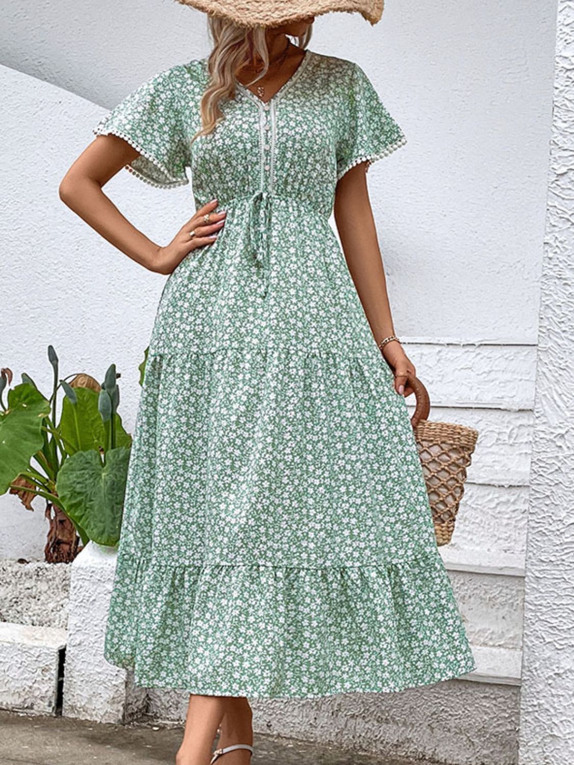 Ditsy Floral V-Neck Tiered Dress - Online Only