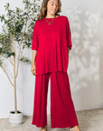 Double Take Full Size Round Neck Slit Top and Pants Set