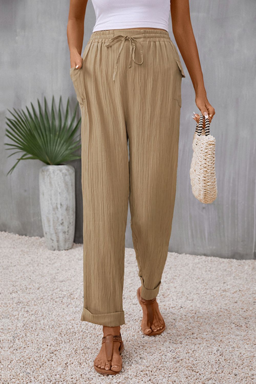 Tie Waist Pocketed Long Pants - Online Only