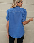 Puff Sleeve Collared Denim Top - Online Only