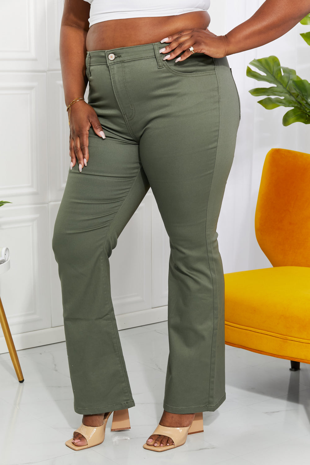 Zenana Clementine High-Rise Bootcut Jeans in Olive - Online Only