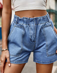 Buttoned Denim Shorts with Pocket - Online Only