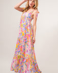 And The Why Full Size Printed Tie Shoulder Tiered Maxi Dress