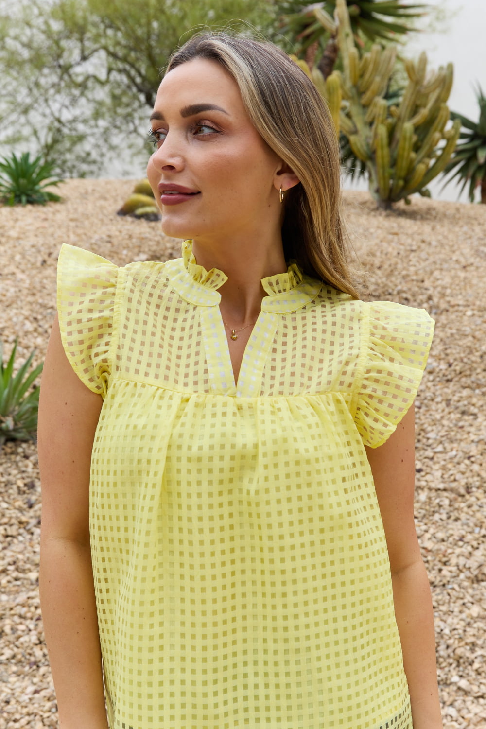And The Why Ruffle Sleeve Grid Babydoll Top - Online Only