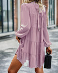 Tied Ruffle Collar Puff Sleeve Mini Dress - Online Only