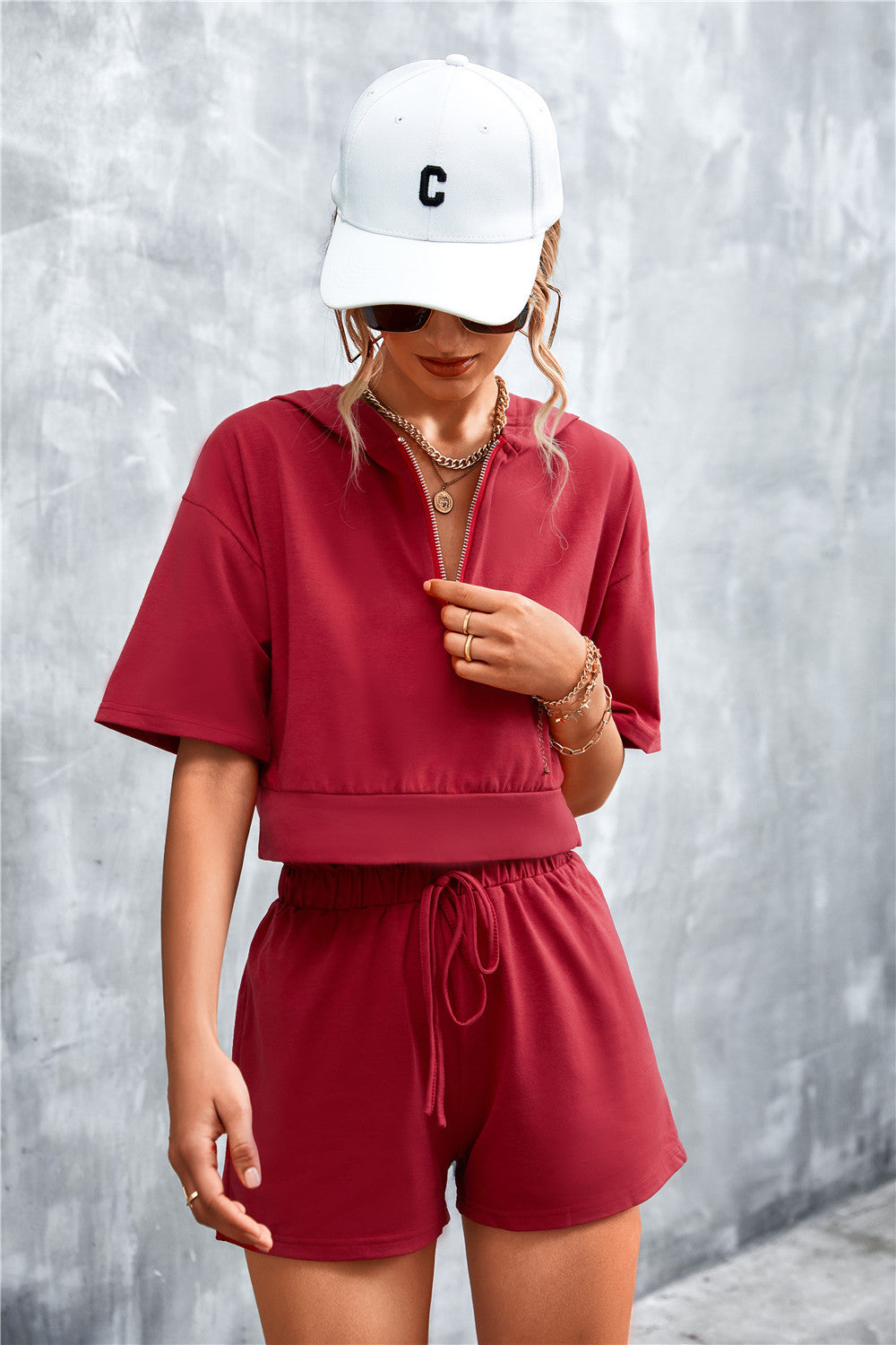 Half Zip Cropped Hooded T-Shirt and Shorts Set - Online Only