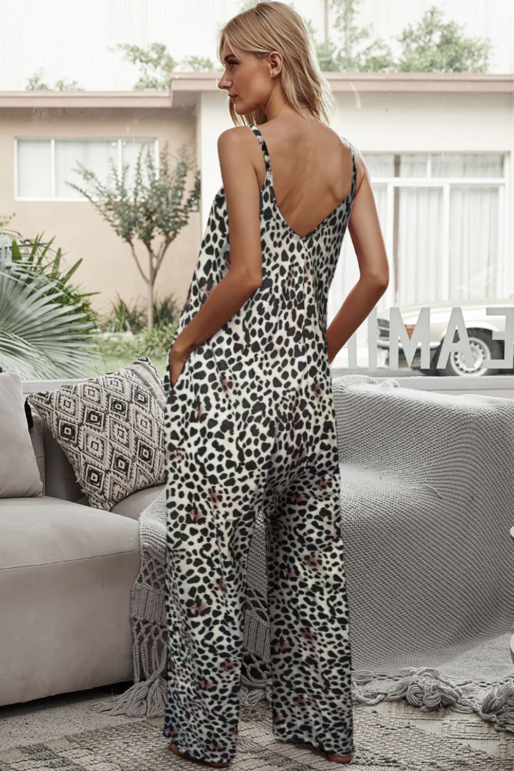 Animal Print Spaghetti Strap Jumpsuit with Pockets - Online Only