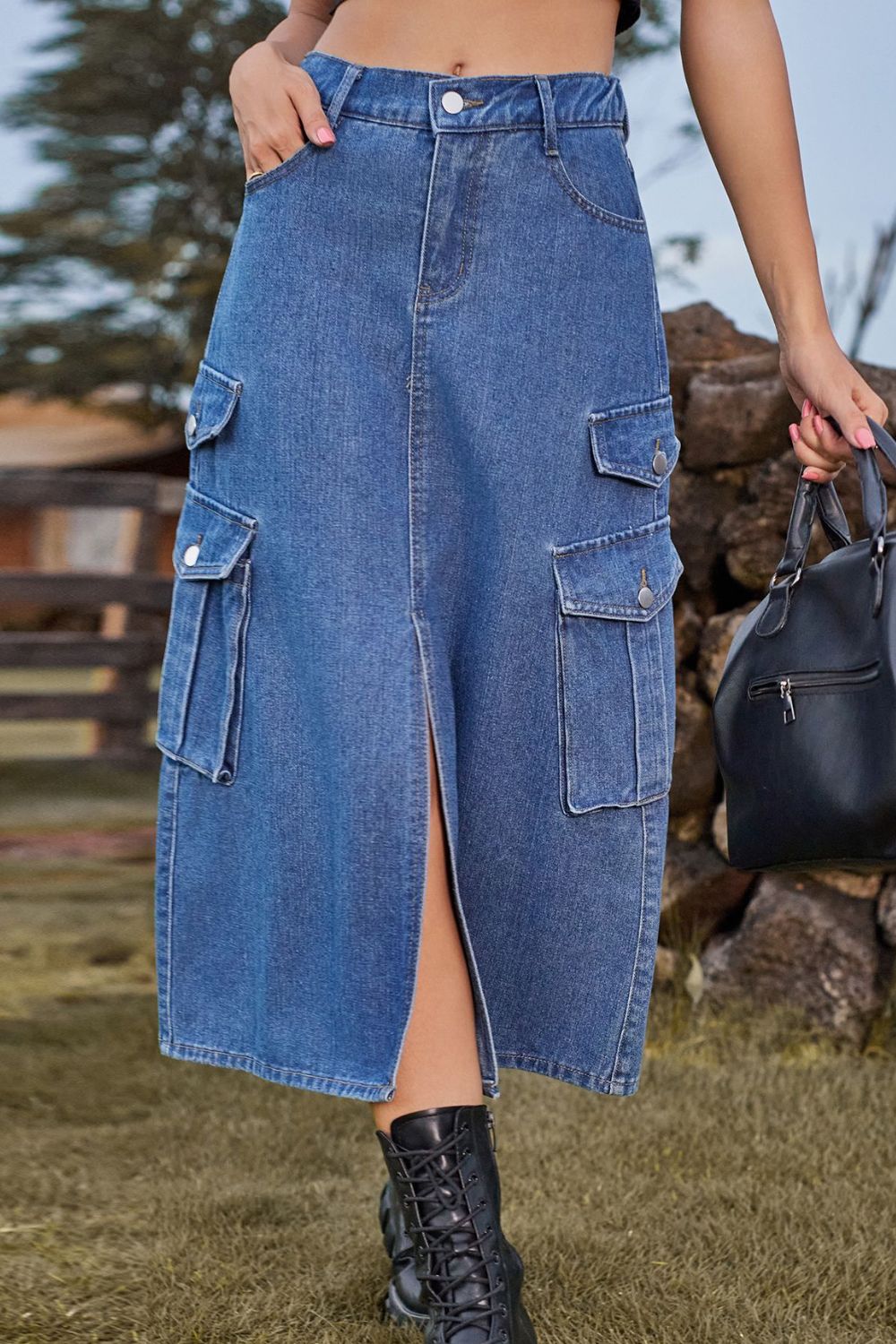 Slit Front Midi Denim Skirt with Pockets - Online Only