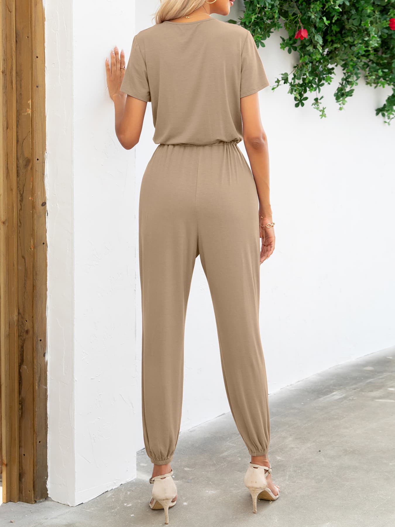 Short Sleeve V-Neck Jumpsuit with Pockets - Online Only