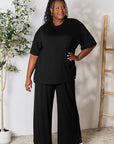 Double Take Full Size Round Neck Slit Top and Pants Set