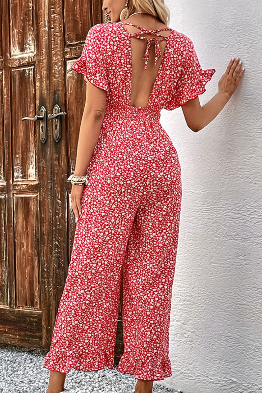 Printed Tie Back Ruffled Jumpsuit - Online Only