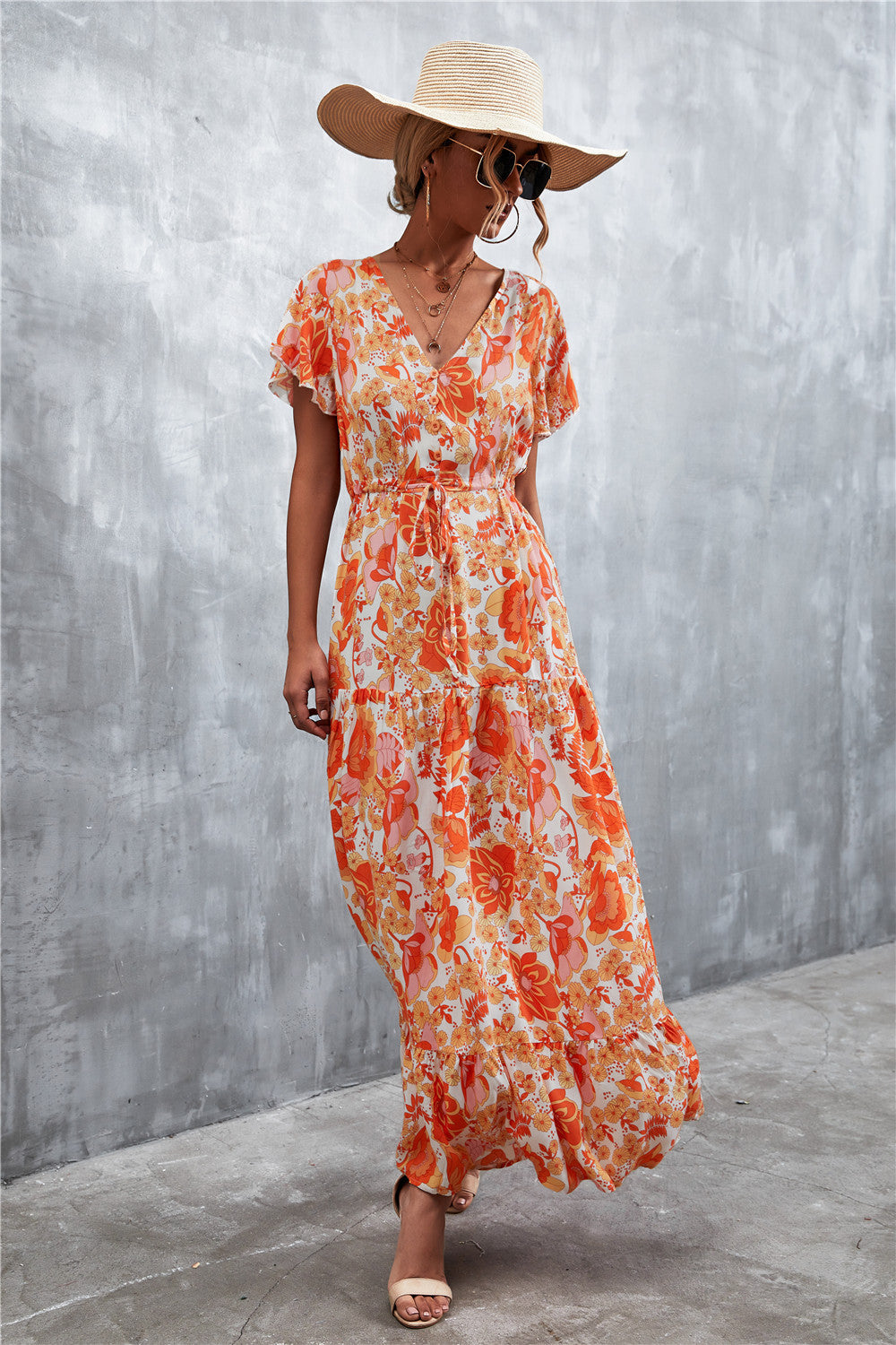 Floral Buttoned Drawstring Waist Tiered Dress - Online Only