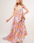 And The Why Full Size Printed Tie Shoulder Tiered Maxi Dress