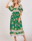 SAGE + FIG Printed Smocked Short Sleeve Midi Dress