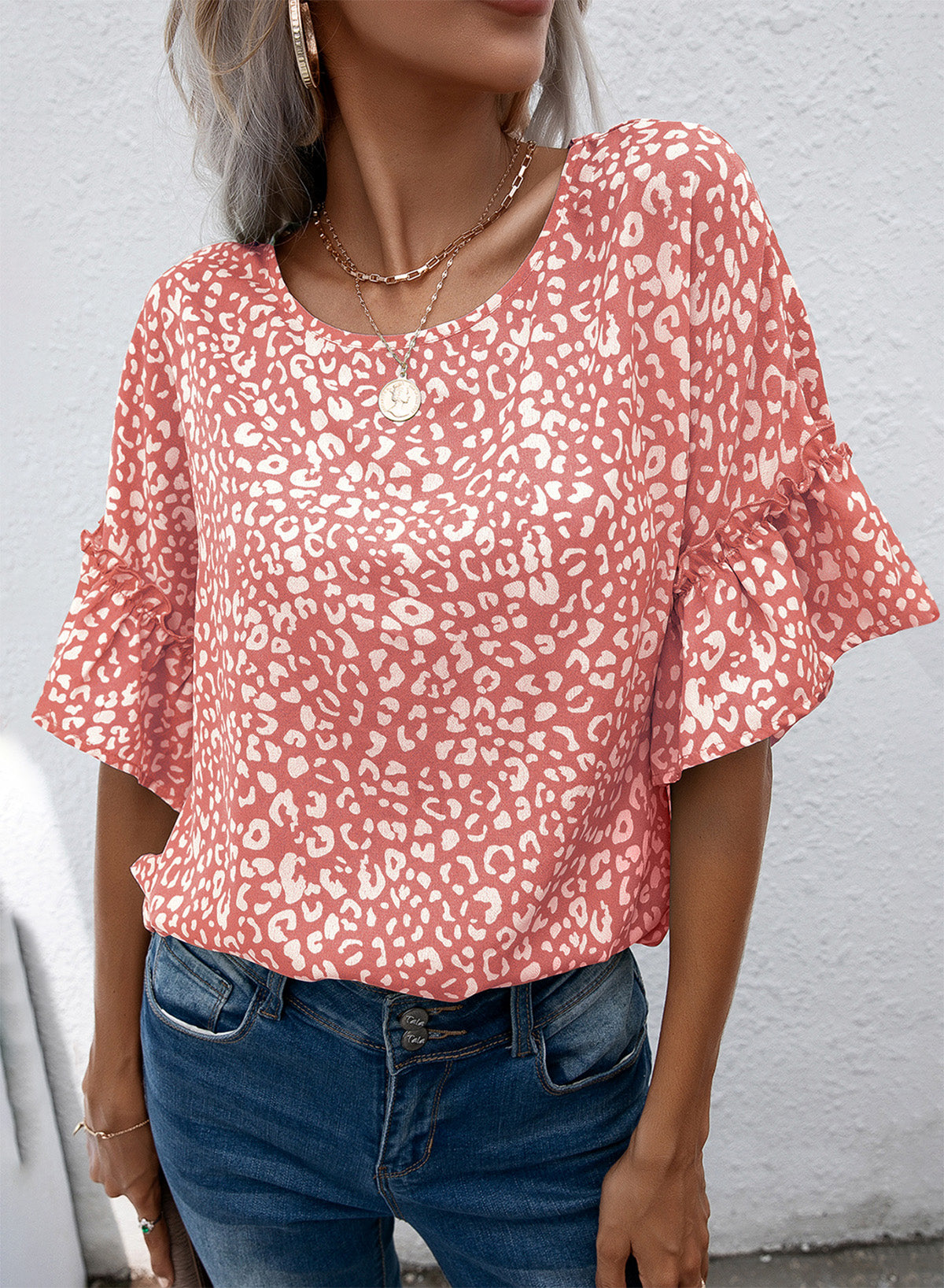 Leopard Round Neck Frill Trim Blouse - Online Only