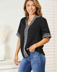 Double Take Embroidered Notched Neck Top