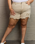 RISEN Katie Full Size High Waisted Distressed Shorts in Sand - Online Only