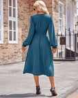 Buttoned V-Neck Flounce Sleeve Midi Dress - Online Only