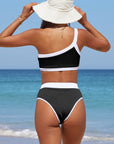 Contrast Trim Ribbed One-Shoulder Bikini Set - Online Only