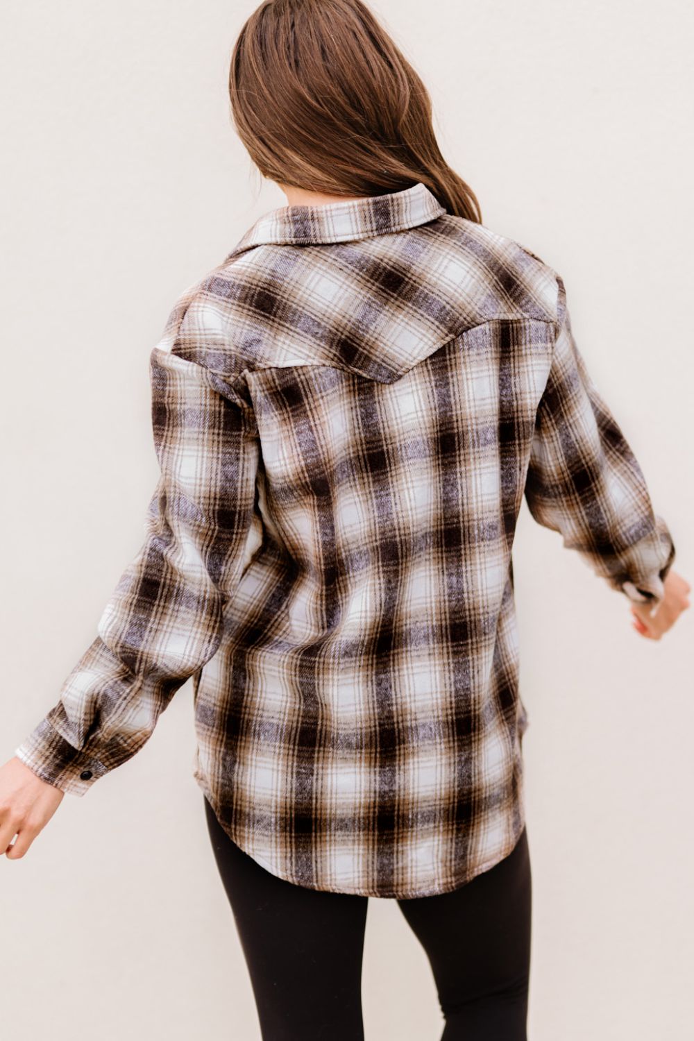 Plaid Button-Up Curved Hem Shirt with Breast Pockets - Online Only