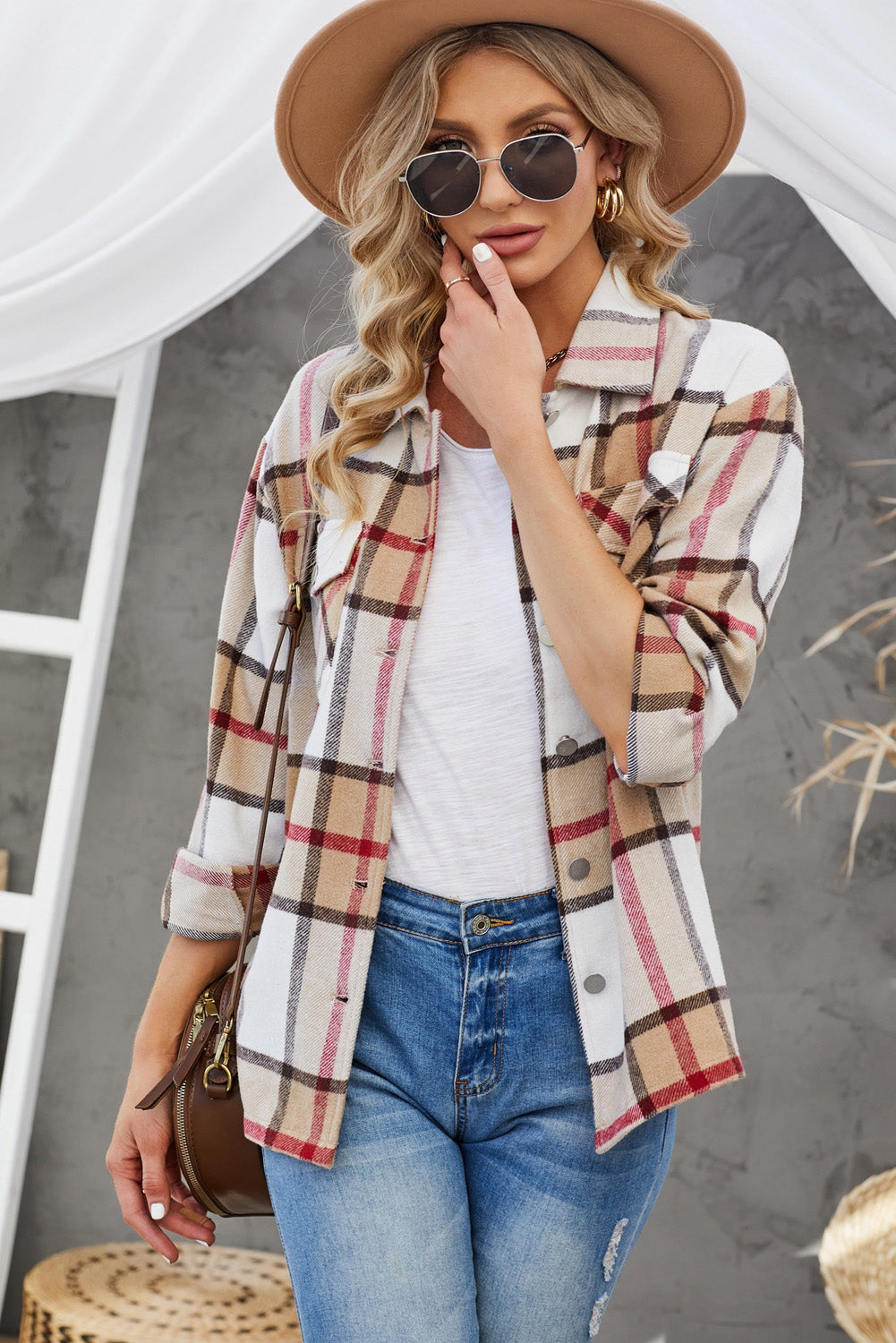 Plaid Button-Up Dropped Shoulder Shirt Jacket - Online Only