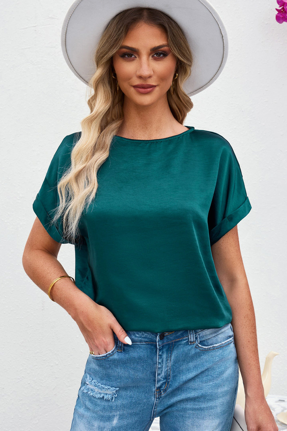 Round Neck Cuffed Sleeve Top - Online Only
