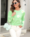 Flower Pattern Round Neck Short Sleeve Pullover Sweater - Online Only