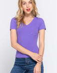 ACTIVE BASIC V-Neck Ribbed Short Sleeve Knit T-Shirt