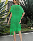 V-Neck Short Sleeve Fringe Hem Knit Dress - Online Only