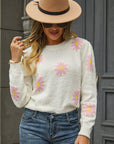 Flower Pattern Round Neck Short Sleeve Pullover Sweater - Online Only