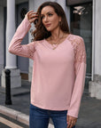 Lace Trim Round Neck Raglan Sleeve Tee - Online Only