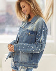 BiBi Pearl Detail Distressed Button Up Denim Jacket