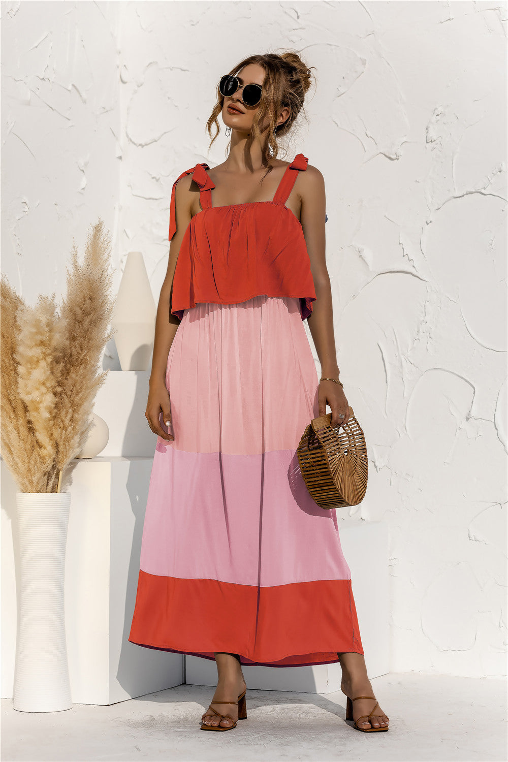 Color Block Tie Shoulder Tiered Sleeveless Dress - Online Only