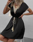 Contrast V-Neck Tassel Tie Dress - Online Only