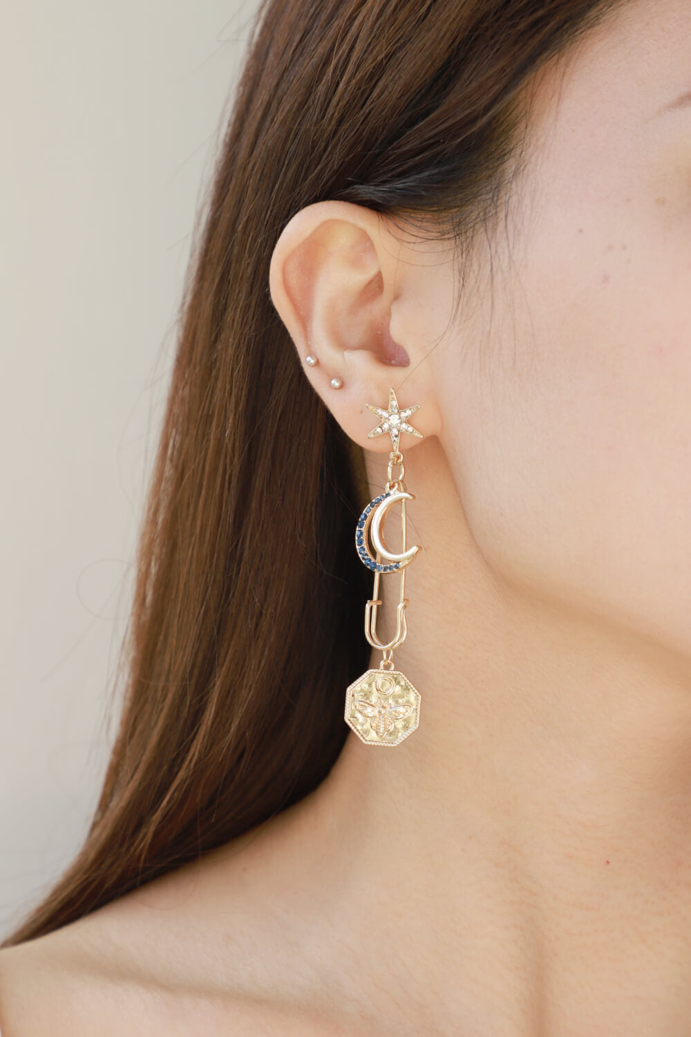 Inlaid Rhinestone Moon and Star Drop Earrings - Online Only